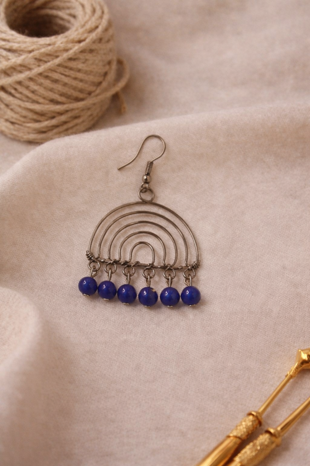 Layered Arc Earrings with Blue Bead Drops