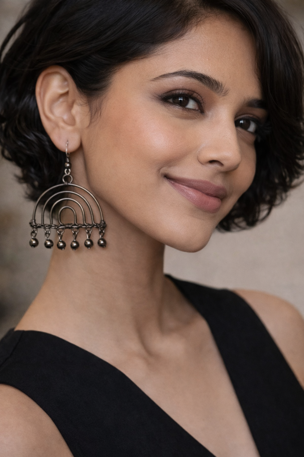 Handcrafted Arch Drop Earrings with Metal Bead Detailing